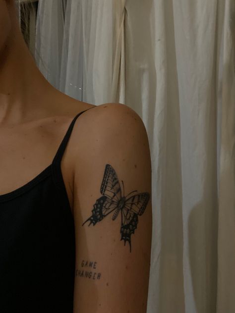 Shoulder And Upper Arm Tattoos For Women Butterflies, Upper Outer Arm Tattoo, Healed Butterfly Tattoo, Two Butterflies Tattoo Arm, Back Of Arm Tattoos For Women Upper, Ulysses Butterfly Tattoo, Shoulder Tattoos Butterfly, Butterfly Shoulder Tattoos For Women, Arm Tattoo Butterfly