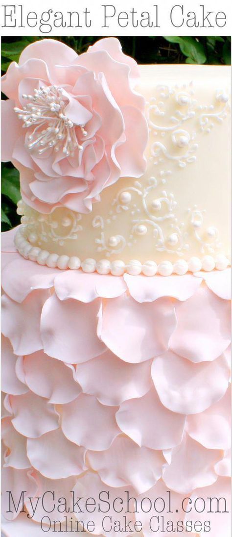 Elegant Fondant Petal Cake with Flower & Scrollwork! Member Cake Decorating Video Tutorial by MyCakeSchool.com Online Cake Decorating Classes! #cakesdecorating Brave Cakes, Petal Cake, Novelty Birthday Cakes, Cake Classes, Cake Decorating Classes, Magic Cake, Decorating Videos, Gum Paste Flowers, Easy Cake Decorating