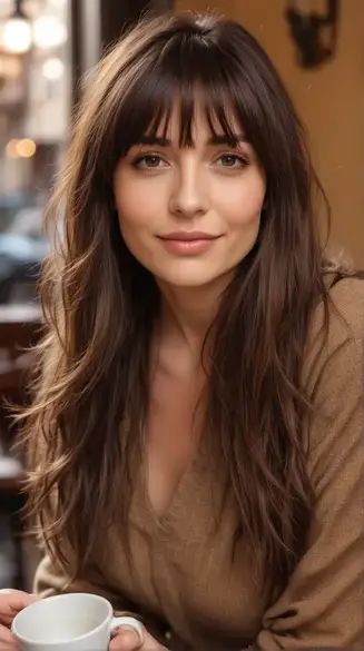 22 Stunning Long Hair with Bangs Styles: Find Your Perfect Look for 2024 French Long Hair With Bangs, Bangs And Straight Long Hair, Birkin Hairstyle, Bangs With Very Long Hair, Center Parted Bangs, Face Framing Haircut For Long Hair Bangs, Jlo Bangs, V Shaped Haircut With Layers Long Hair Face Framing, Haircut Ideas For Long Hair With Bangs