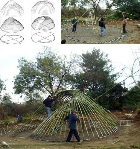 Home Plan Drawing, Casa Hobbit, Bamboo Building, Bamboo Structure, Bamboo Architecture, Bamboo Construction, Bamboo House, Bamboo Crafts, Dome House