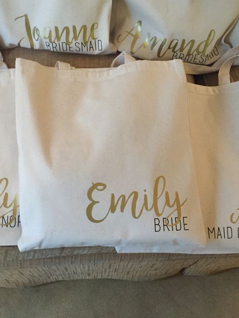 Bridesmaid Cricut Projects, Bride Cricut Ideas, Cavas Bag, Launch Event Ideas, Bridal Party Tote Bags, Bachelorette Gift Bags, Bridal Party Totes, Bridal Boxes, Bride Planning