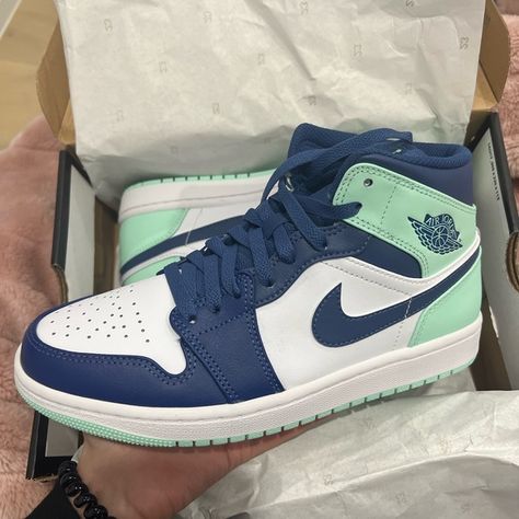 Jordan 1 blue mint Jordan 1 Blue Mint, Nike Blue Shoes, Slay Shoes, Nike Shoes Blue, Jordan 1 Blue, Slippers Heels, All Nike Shoes, Dream List, Jordan 1s