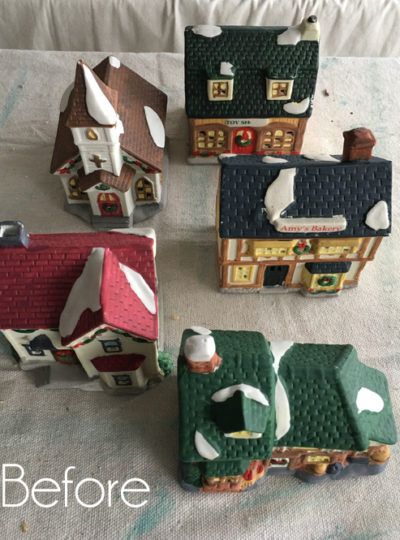 Christmas Village Makeover Painted Christmas Village, Mini Christmas Village, Christmas Village Collections, Dollar Tree Christmas Decor, Christmas Place Cards, Diy Christmas Village, Christmas Village Houses, Christmas Village Display, Dollar Tree Christmas