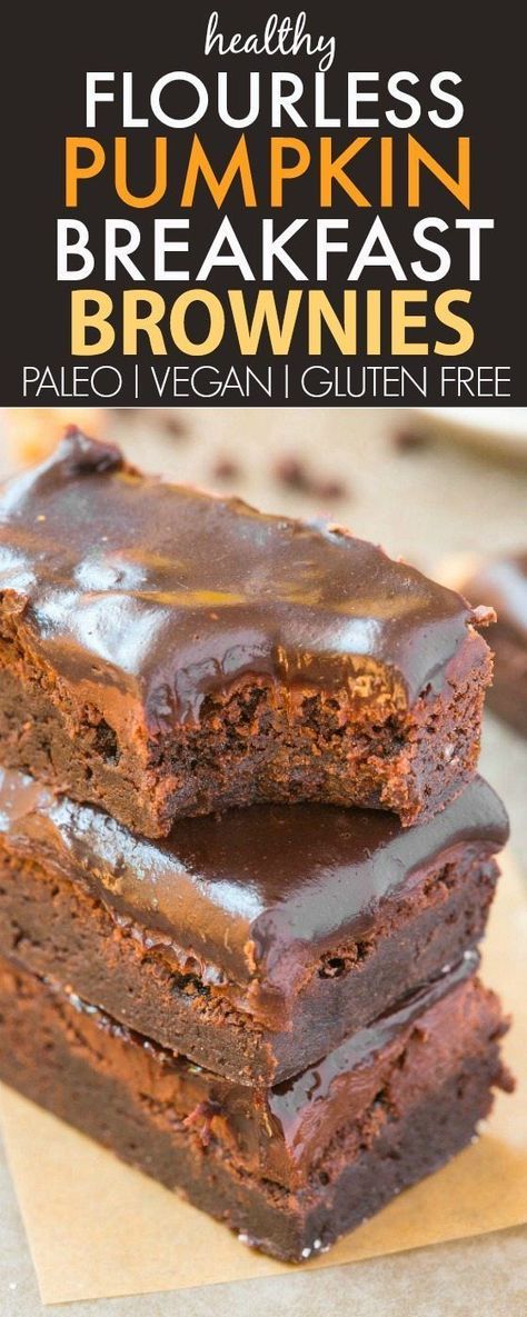 Healthy Flourless Pumpkin Breakfast Brownies made with no butter, oil, flour, grains or sugar and PACKED with protein! Vegan, gluten free, paleo recipe. No Bake Breakfast, Breakfast Brownies, Bake Breakfast, Puree Recipes, Healthy No Bake, Pumpkin Breakfast, Pumpkin Brownies, Recipe Pumpkin, Paleo Recipe