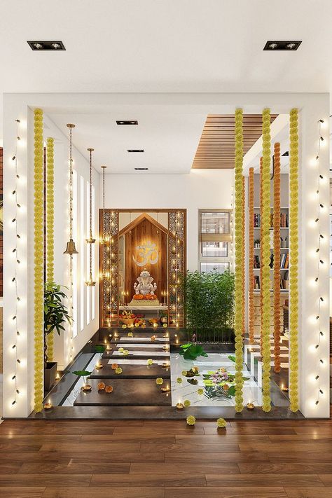 How To Decorate Pooja Room at Home 2021 Pooja Room In Courtyard Design, How To Decorate Pooja Room, Luxurious Pooja Room, Pooja Room With Water Pond, Pooja Room In Courtyard, Griha Pravesh Decoration Ideas, How To Decorate Mandir At Home, Big Pooja Room, Puja Room Design Indian Traditional