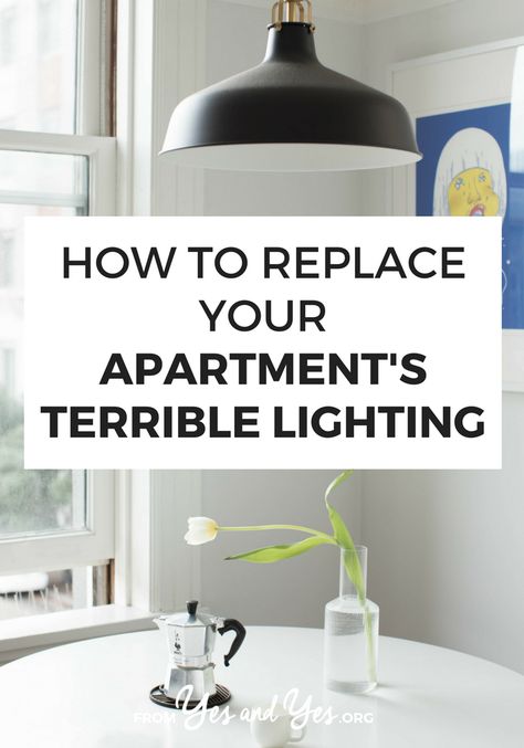 No Ceiling Light Solution Bedroom, Low Light Apartment Hacks, Apartment Lighting Hacks, Lighting For Small Spaces, Rental Lighting Hacks, Rental Apartment Lighting Ideas, Studio Apartment Lighting, Apartment Friendly Chandelier, Rental Lighting Solutions