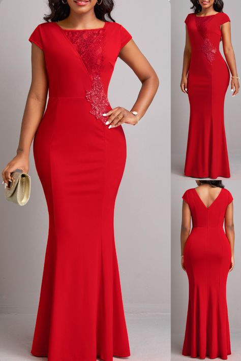 This red dress is perfect for summer evenings. It has an elegant mermaid style with lace details and a patchwork design. The dress has a plain color print, short cap sleeves, and a square neckline. It's made of 95% polyester and 5% spandex, and should be hand washed. #bodycondress #bodycon #maxidress #longdress #maxi #maxydres #dressmaxi #ootd #outfitoftheday #lookoftheday #ootdshare #todaysoutfit #partydress #dress #party #eveningdress #sexydress Red Lace Gown Styles Nigerian, Bridal Train Styles In Nigeria, Bridal Train Styles, Lace Gown Styles Nigerian, Red Lace Gown, Bridal Train, Cheap Long Bridesmaid Dresses, Gala Designs, Gala Design