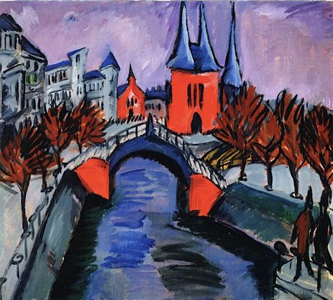 Painting of a bridge over a canal by founding member of Doe Brücke art movement, Ernst Ludwig Kirchner Ludwig Meidner, Ernst Kirchner, George Grosz, Ludwig Kirchner, Ernst Ludwig Kirchner, Expressionist Artists, German Expressionism, Art Ancien, Expressionist Art