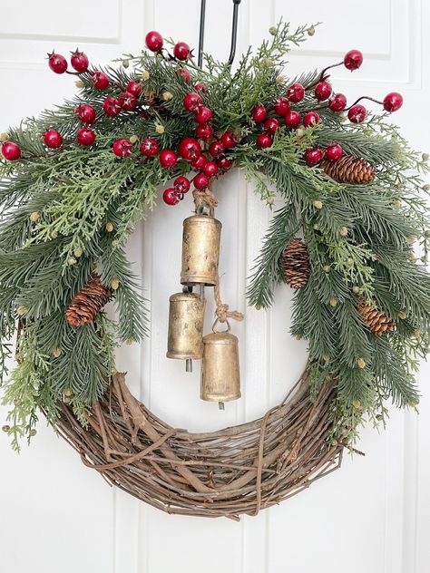 Christmas Bell Wreath Pine Wreath Farmhouse Winter Wreath | Etsy Christmas Door Wreaths Rustic, Christmas Front Porch Diy Ideas, Wicker Christmas Wreath, Diy Winter Wreath Ideas, Grape Vine Wreaths Ideas Christmas, Natural Christmas Wreaths Diy, Pine Wreath Diy, Christmas Wreaths For Front Door Rustic, Farmhouse Christmas Wreaths Diy