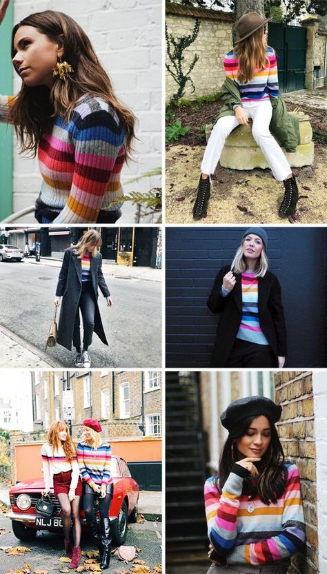 Gap crazy stripe jumper on bloggers Gap Striped Sweater, Colorful Striped Sweater Outfit, Striped Sweater Outfit, Stripe Jumper, Clothes Wishlist, Animal Sweater, Friday Outfit, Rainbow Sweater, Sweater Outfit