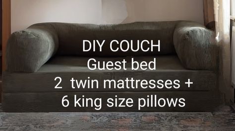 DIY COUCH / GUEST BED 2 TWIN MATTRESSES AND 6 KING SIZE PILLOWS Make Bed Look Like Couch, Twin Mattress Sectional, Twin Mattress Sofa, Diy Mattress Couch, Twin Mattress Couch, Sofa Alternative, Twin Bed Couch, Diy Twin Bed, Mattress Couch