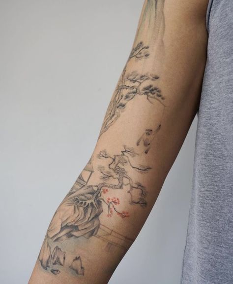 Korean Style Tattoo, Chinese Painting Tattoo, Bonsai Tattoo, Minimal Tattoo Designs, Korean Tattoo, Minimal Tattoo Ideas, Abstract Tattoo Ideas, Chest Tattoo Ideas, Inner Arm Tattoos