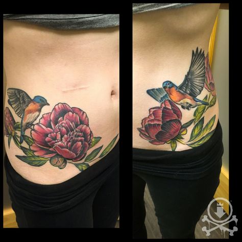 Beautiful sparrow and peony hip tattoos by Meghan Patrick. #12ozstudios #team12oz #tattoo #tattoos #tattooed #tattooart #tattooartist #tattooshop #ink #inked #sparrow #sparrowtattoo #birdtattoo #peony #peonies #peonytattoo #tattoosforwomen Meghan Patrick, Russian Tattoo, Sparrow Tattoo, Hip Tattoos, Peonies Tattoo, Hip Tattoo, Birds Tattoo, Custom Tattoo, Tattoo Shop