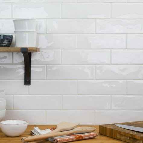 Elida Ceramica Hand Crafted White Subway Tile                                                                                                                                                                                 More White Subway Tile Kitchen, Bohemian Kitchen, Subway Tile Kitchen, Kitchen Backsplash Designs, Kitchen Remodel Design, Backsplash Designs, White Subway Tile, Subway Tiles, Backsplash Ideas