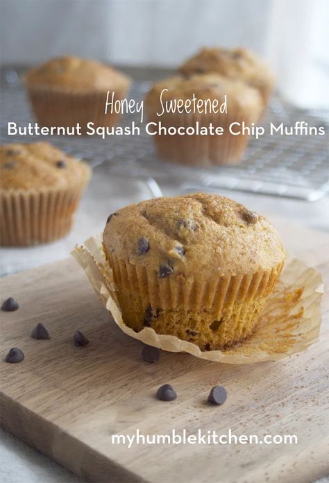 Honey Sweetened, Butternut Squash Chocolate Chip Muffins - My Humble Kitchen Nutritionist Breakfast, Energy Muffins, Plantain Flour, Butternut Squash Muffins, Yummy Muffins, Squash Muffins, Einkorn Bread, Humble Kitchen, Cheap Breakfast