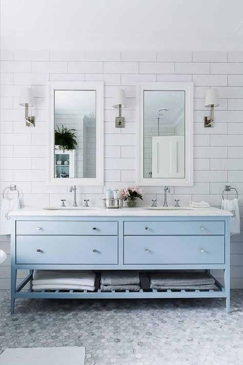 Large tile on walls & cabinetry design. Blue Bathroom Vanity, Blue Vanity, Bad Inspiration, Transitional Bathroom, Blue Cabinets, Subway Tiles, Chic Bathrooms, Trendy Bathroom, Bathroom Redo