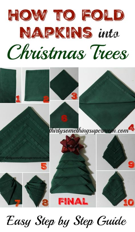 Learn How to Fold Napkins into Christmas Trees with this easy step by step tutorial!  - #ad #FamilyPizzaCombo  @cocacola @samsclub  ThirtySomethingSuperMom Making Napkins, Tree Napkin Fold, Napkin Origami, How To Fold Napkins, Diy Napkin Folding, Christmas Tree Napkin Fold, Folding Napkins, Napkin Folding Tutorial, Christmas Tree Napkin