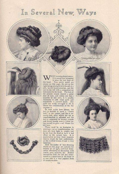 Pictures from a magazine on how to do an edwardian coiffure Edwardian Hair, Historical Hairstyles, Edwardian Hat, Edwardian Hairstyles, Victorian Hairstyles, Vintage Hair, Retro Hairstyles, Edwardian Era, Edwardian Fashion