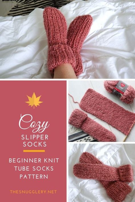 Knit Tube Socks, Chunky Socks, Knitted Socks Free Pattern, Beginner Knit, Knit Slippers Free Pattern, Easy Knitting Patterns Free, Knit Slippers, Knitted Slippers Pattern, Knitting Patterns Free Beginner