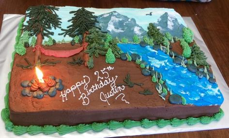 Camping Birthday Cake, Lake Cake, Nature Cake, Mountain Cake, Camping Cakes, Mountains And Trees, Birthday Sheet Cakes, Lake Scene, Cake Decorating Frosting