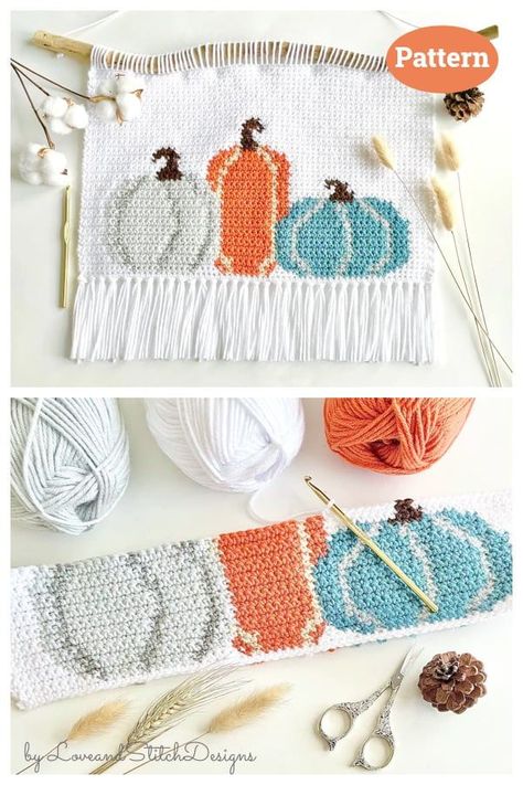 Crochet Fall Wall Hanging, Crochet Halloween Wall Hanging Pattern, Crochet Christmas Wall Hanging Free Pattern, Crochet Wall Hanging Pattern Free, Pumpkin Wall Hanging, Thanksgiving Crochet Patterns, Crochet Wall Decor, Crochet Fall Decor, Wall Hanging Crochet