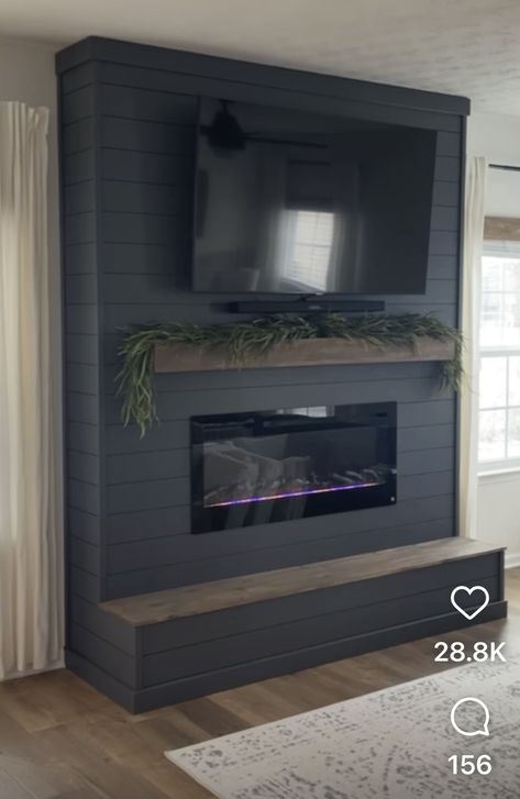 Navy Shiplap Fireplace Wall, Wood Accent Wall Living Room Fireplace, Electric Fireplace Builds, Dark Grey Shiplap Fireplace, Black Shiplap Fireplace With Hearth, Navy Shiplap Fireplace, Wood Fireplace Tv Wall, Shiplap Fireplace Black, Grey Shiplap Fireplace