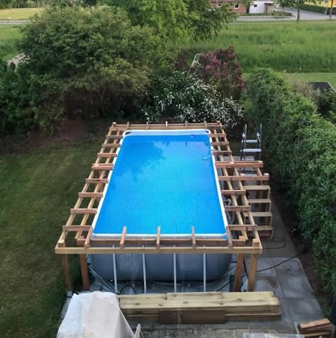 Pool With Wood Around, Wood Around Pool, Concrete Around Above Ground Pool, Bestway Pool Deck Ideas, Intex Pool Deck Ideas, Pool Wood Deck, Deck Around Above Ground Pool, Intex Pool Ideas, Decks For Above Ground Pools