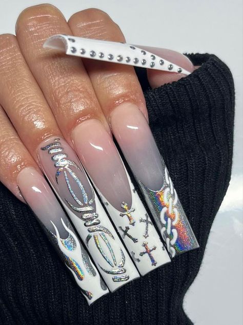 Nails With Flame Design, Deep French Tip Nails, Deep French Tip, Cross Nail Designs, Cross Nail Art, Rock Nails, Flame Nail Art, White Holographic, White Tip Nails