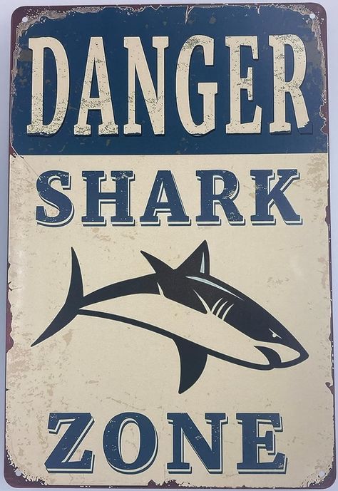 Amazon.com: Tin Sign Bar Plaque | Metal Wall Decor Poster | Danger Shark Zone 8 x 12 in. | Classic Decorative Sign for Home Kitchen Bar Room Garage Decor | Warning Blue : Home & Kitchen Poster For My Room, Ocean Ideas Decoration, Poster Diy Ideas Wall Art, Posters For Room Blue, Blue Room Wall Decor, Shark Home Decor, Shark Room Ideas, Stuff To Put On Your Wall, Shark Room Aesthetic