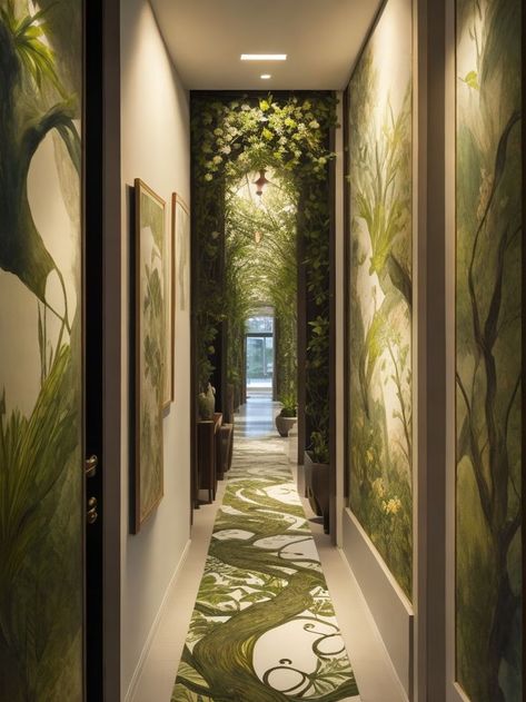 Forest Hallway, Tropical Hallway, Dorm Room Cozy, Wallpaper Hallway, Hotel Foyer, Cozy Porch, Green Corridor, Interiors Bedroom, Interior Design Hallway