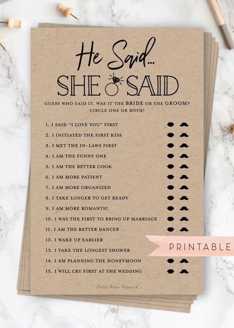 Virtual He Said She Said Bridal Shower Game . Fun Icebreaker Game . Rustic Kraft and White Fun Icebreaker Games, Rustic Bridal Shower Games, Bridal Shower Decorations Rustic, Fun Icebreakers, Bridal Shower Planning, He Said She Said, Printable Bridal Shower Games, Ice Breaker Games, Wedding Shower Games