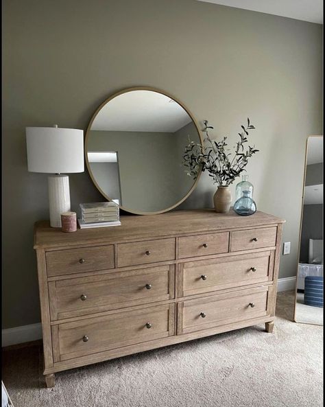 Bedroom Wall Above Dresser, Wood Dresser Styling, Bedrooms With Natural Wood Furniture, Bedroom Wall Mirror Over Dresser, Beige Dresser Decor, Styling A Dresser Top Bedroom, Y’all Dresser Decor, Dresser Farmhouse Decor, Neutral Bedroom With Wood Furniture