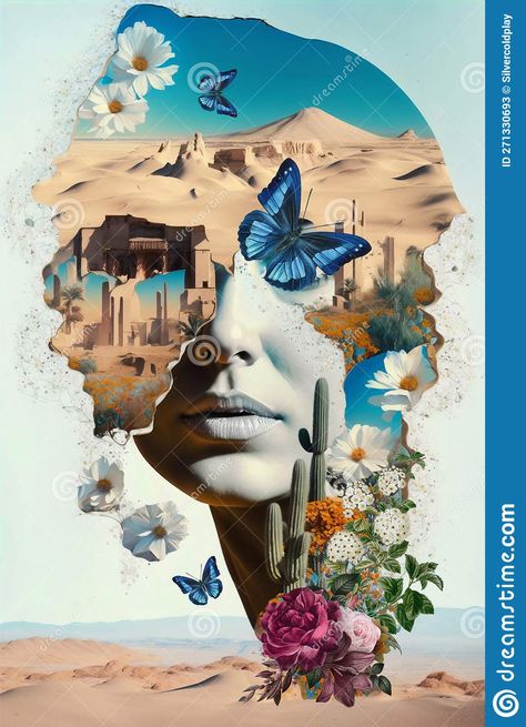 Collages Of Pictures, Collage Art Self Portrait, Surealism Collage Art, Digital Self Portrait Collage, Surreal Collage Art Photomontage, Poster Collage Design, Collage Self Portrait, Nature Collage Art, Desert Collage