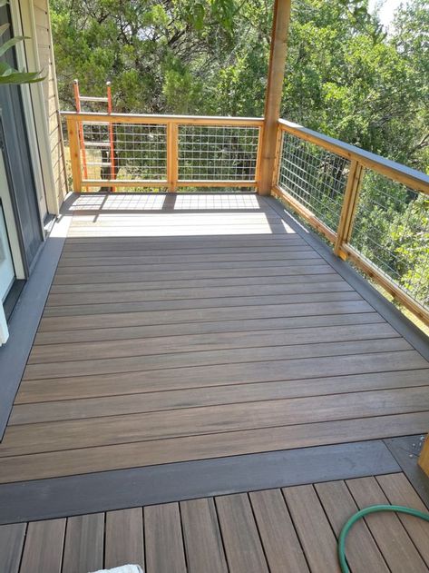 Azek Decking Ideas, Two Toned Deck, Timbertech Deck Colors, Azek English Walnut Deck, Brown Trex Deck With Black Railing, Behr Deck Stain Colors Semi Transparent Cedar, Deck Details, Timbertech English Walnut Deck, Timbertech Tigerwood Deck