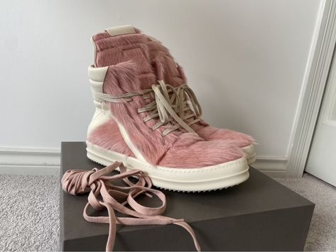 $800-1300 Rick Owens Geobasket, Rick Owens Menswear, Pink Milk, Rick Owens Men, Pony Hair, Rick Owens, High Top Sneakers, High Tops, Shoes Mens