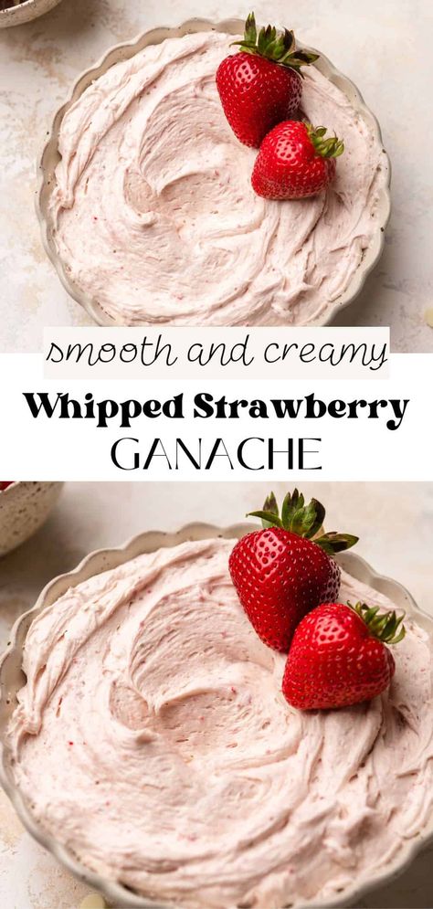 This strawberry ganache is a fruity take on white chocolate ganache! It gets its pretty pink color and strawberry flavor from freeze-dried strawberries. It's rich and creamy, making it perfect spread in between cake layers or piped on strawberry macarons. You can whip the ganache to make it light and airy, perfect for piping on cupcakes! Whipped Ganache Filling, Strawberry Ganache Recipe, Fruit Filling Recipe, Strawberry Ganache, Strawberry Macarons, Fresh Strawberry Recipes, Strawberry Cream Cheese Frosting, Whipped Ganache, Chocolate Ganache Cake