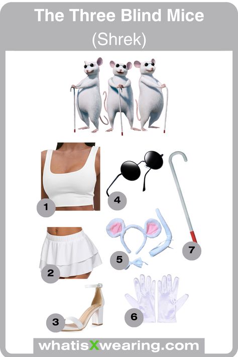 Discover how to make this easy, matching friend Halloween costume idea with our outfit guide. The Three Blind Mice from Shrek is a super fun costume that anyone can make, even last minute. 3 Blind Mice Costume Shrek, Three Blind Mice Costume Shrek, Three Blind Mice Halloween Costumes, 3 Blind Mice Costume, Blind Mice Costume, Three Blind Mice Costume, The Three Blind Mice, Mice Costume, Outfit Carnaval