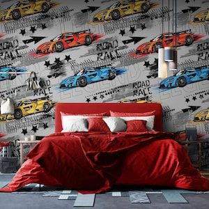 Colorful cars wall mural peel and stick wallpaper, perfect for adding excitement and energy to a boys' bedroom." Car Wallpaper For Bedroom, Peel And Stick Wallpaper Boys, Wallpaper Boys Bedroom, Car Themed Bedroom, Boys Bedroom Decor Ideas, Car Mural, Wallpaper Boys, Bedroom Theme, Unique Bedroom