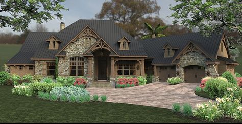 Craftsman House Plan with 2466 Square Feet and 3 Bedrooms from Dream Home Source | House Plan Code DHSW076582 Brick Foundation Exterior Farmhouse, Entry Arch, Plan Rendering, Ranch Homes, Rustic Exterior, French Country House Plans, House Plans One Story, Ranch House Plan, Casas Coloniales