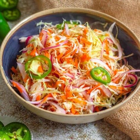 Curtido - Simple Salvadoran Relish - The Foreign Fork Pickled Cabbage Slaw, Curtido Recipe, Pickled Slaw, Cabbage Coleslaw, Central American Food, Cabbage Slaw Recipes, Salvadoran Food, Salvadorian Food, Pickled Cabbage