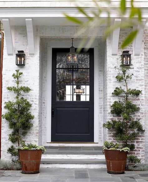 Late night pinning , loving this white brick exterior!   @joeyluke Georgian Colonial, Black Front Door, White Wash Brick, Door Colors, Black Front Doors, Front Door Colors, Casa Exterior, White Brick, Painted Brick