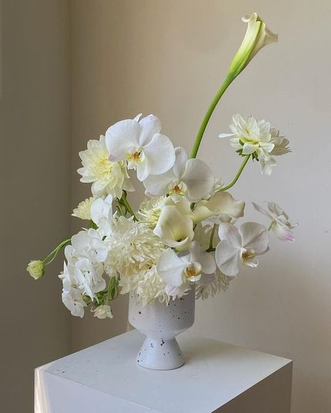 Flower Arrangement With Orchids, Modern Orchid Arrangements, Modern White Flowers, Orchid Wedding Florals, Modern White Floral Arrangements, White Flower Installation, White Flower Arrangements Wedding, Puni Petals, Modern Wedding Flowers Arrangements