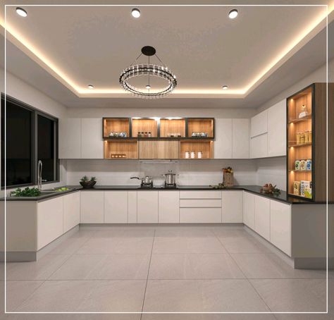 Cozy white cozy kitchen with contemporary theme idea 💡 Kitchen Ceiling Ideas Modern Luxury, Kitchen Ceiling Design Simple, Kitchen Pop Design, L Shaped Kitchen Island, Island Kitchen Layout, Hpl Kitchen, L Shaped Kitchen Interior, Shaped Kitchen Island, L Shaped Kitchen With Island