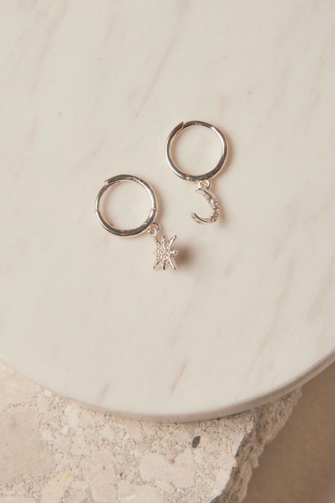 Star And Moon Huggie Silver Earrings ACC Jewellery Georgia Mae Celestial Symbols, Silver Earrings Online, Denim Trench Coat, Star And Moon, Huggie Earrings, Stirling, Dainty Earrings, Huggies Earrings, Stars And Moon