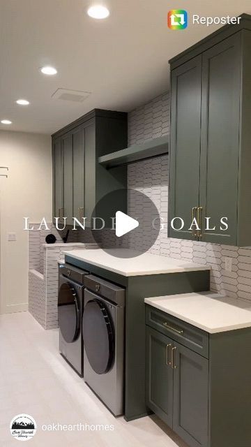 Flippin' In Heels™️ 🏠👠 on Instagram: "Laundry room makeover goals! 😍 Functional and fabulous! 😱👏🏾  #repost @oakhearthhomes The laundry room you need in 2024 😍  This is the laundry/mud room that you need in your home!! We are in love with how this room turned out.. and we received so much overwhelming love and support on it too!! You guys love the cabinet color which is “Rosemary” from @sherwinwilliams and the custom dog shower was easily everyone’s favorite 🤩 when it comes to remodeling in 2024, your laundry and mud room are in the top 3 of rooms to remodel!  What do you think of this amazing room? Would you want this in your home? Let us know 🙌🏼  If you are looking to renovate your kitchen this year or any space in your home, send us a DM or an email and we can help you design a Laundry Room Floor Ideas, Laundry Room Backsplash, Green Laundry Room, Overwhelming Love, Green Laundry, Modern Laundry, Laundry Room Flooring, Modern Laundry Rooms, Cabinet Color