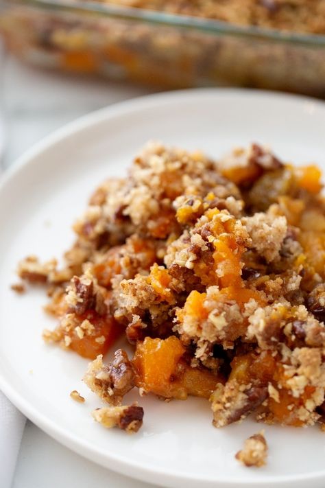 This streuseled sweet potato casserole is the ultimate holiday side, with a rich, creamy base and a crunchy streusel topping. Packed with add-ins, it’s perfect for every Thanksgiving table. Sweet Potato Casserole Strudel, Sweet Potato Casserole Oatmeal Crumble, Sweet Potato Casserole With Rice Krispies, Sweet Potato Streusel, Sweet Potato Casserole With Streusel, Strussel Topping, Thanksgiving Sweet Potato Recipes, Sweet Potato Thanksgiving, Dessert Waffles