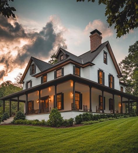 Farmhouse Gallery Two Story Farmhouse Wrap Around Porch, Wraparound Porch Farmhouse, Rap Around Porch, Classic Farmhouse Exterior, Homes With Wrap Around Porches, Traditional Southern Home, House With Land, White Modern Farmhouse, Wraparound Porch