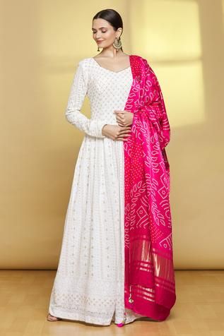 Shop for Samyukta Singhania Off White Cotton Chikankari Anarkali With Dupatta for Women Online at Aza Fashions White Chikankari Anarkali Styling, White Chikankari Suits With Dupatta, White Cotton Anarkali Suits, Chikankari Long Frocks, White Dress With Dupatta, White Long Dress With Dupatta, White Long Dress Indian Style, White Chikankari Suits, White Chikankari Dress