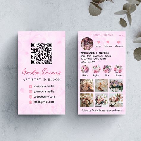 Elevate your brand with our Pink Rose Floral Business Card, perfect for beauty salons and small businesses! Featuring a QR code for easy contact sharing, this DIY card is thoughtfully designed for florists and estheticians. Make a lasting impression with this elegant, yet practical, personalized touch. ▶️ Try Before You Buy ◀️  Try the free demo now! Just copy and paste the following URL: https://www.corjl.com/d/2I8IL4 Kindly review the complete details before making a purchase: ➡️ This is a digital product for instant download only. ➡️ No physical product will be shipped to you. ➡️ DIY editing can be done through your computer, mobile, or tablet with Corjl (Free).  ➡️ Make sure your Etsy email address is correct. ➡️ DO NOT log in with Apple ID, as it will block access. ◎ What You'll Recei Business Card For Flower Shop, Business Card Pink, Flower Business Card, Business Card With Qr Code, Business Card With Qr, Esthetician Business Cards, Instagram Business Card, Florist Business, Florist Business Card