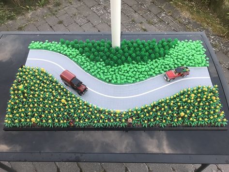 Country road to Swebrick trainladscape display.. | andreas.kvant | Flickr Lego Road Ideas, Lego Workshop, Lego Landscape, Lego Road, Lego City Train, Lego Ww2, City Ideas, Luxury Motorhomes, City Layout